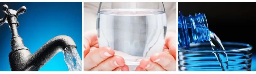 TAP, WATER IN A GLASS AND WATER BEING POURED FROM A BOTTLE